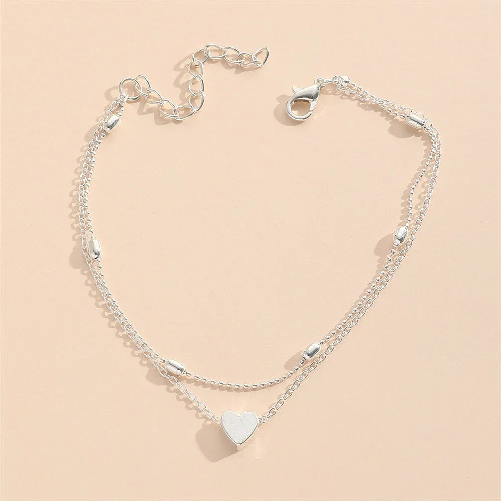 Vintage Heart Butterfly Layered Anklet – Adjustable Silver Bracelet Ankle Bracelet PLUSH