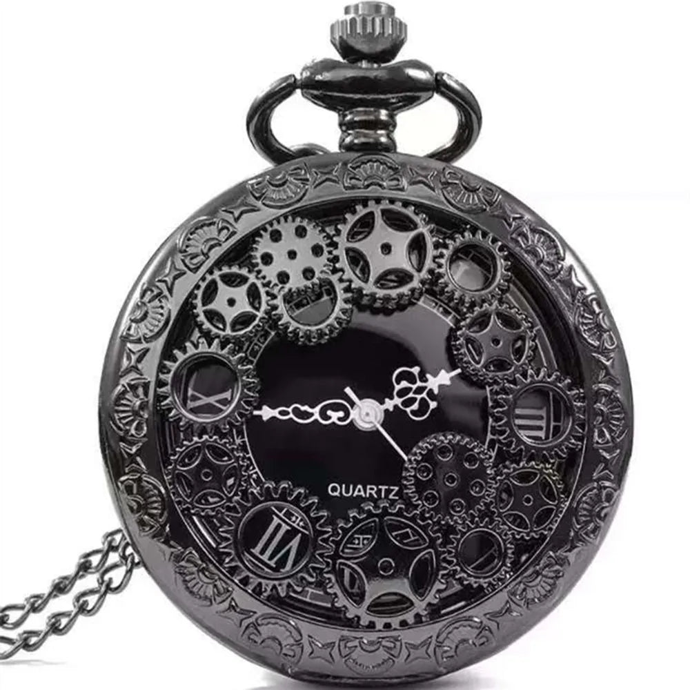 Vintage Steampunk Hollow Gear Quartz Pocket Watch Necklace Pocket Watch Necklace PLUSH Black