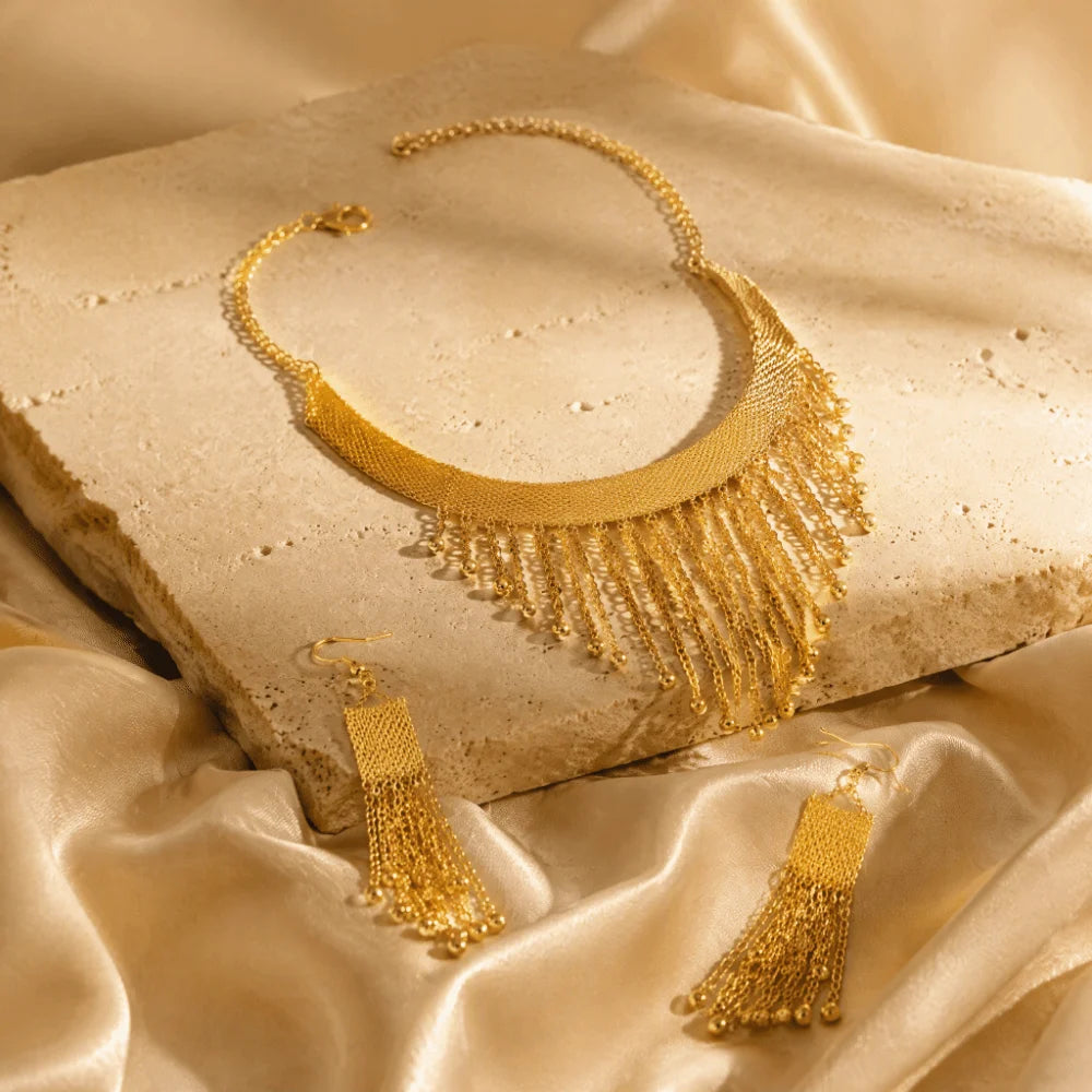 Boho Gold Fringe Tassel Necklace & Earrings Bridal Jewelry Set Jewelry Set PLUSH