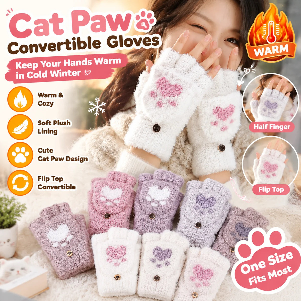 Winter Cat Paw Mittens – Convertible Flip Top Knit Gloves Convertible Winter Mittens PLUSH