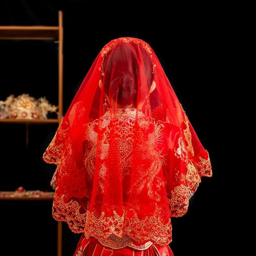Red Gold Embroidery Bridal Veil – Lace Chinese Wedding Head Cover Bridal Veil PLUSH