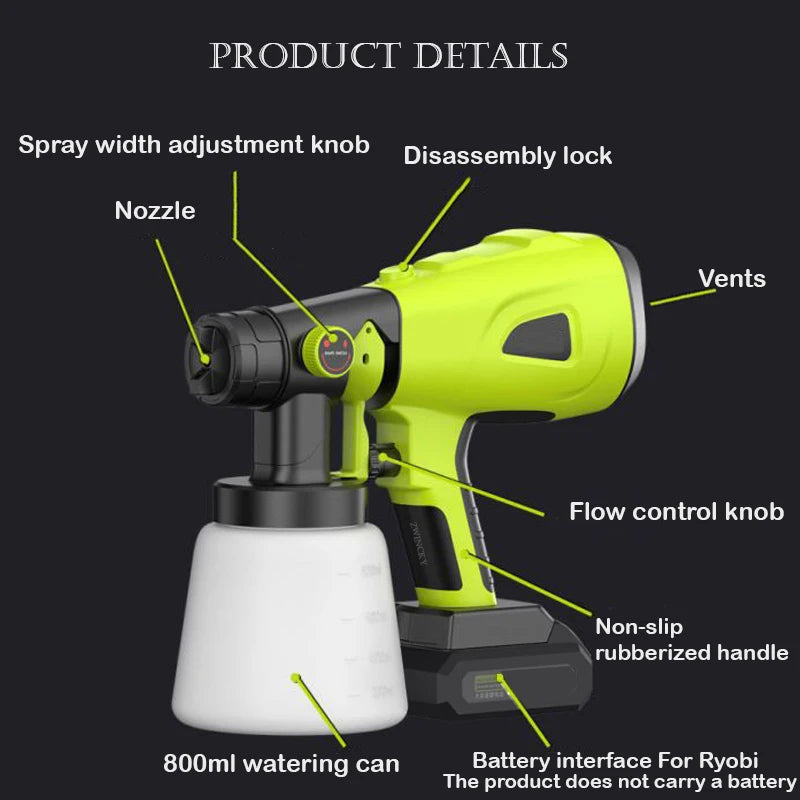 ZUIDID 800ML Cordless Paint Sprayer for RYOBI 18V Battery 200W Cordless Paint Sprayer PLUSH