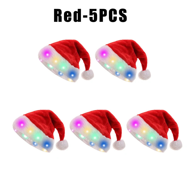 LED Light-Up Santa Hat – Plush Christmas Cap Adults & Kids LED Christmas Hat PLUSH For Adult Red 5PCS