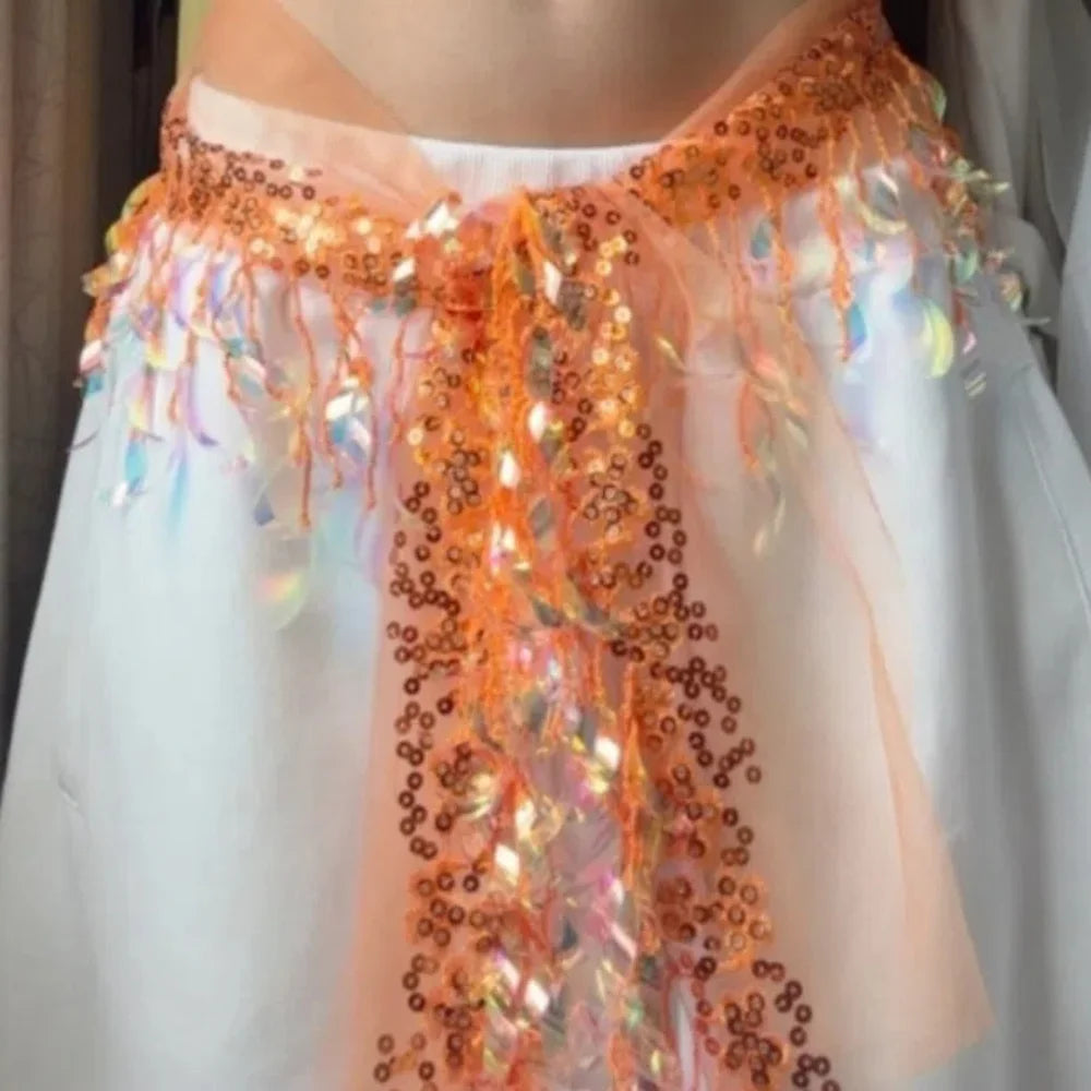 Y2K Sequin Hip Scarf Tassel Belt – Jazz Dance Streetwear Dance Hip Scarf Belt PLUSH Orange