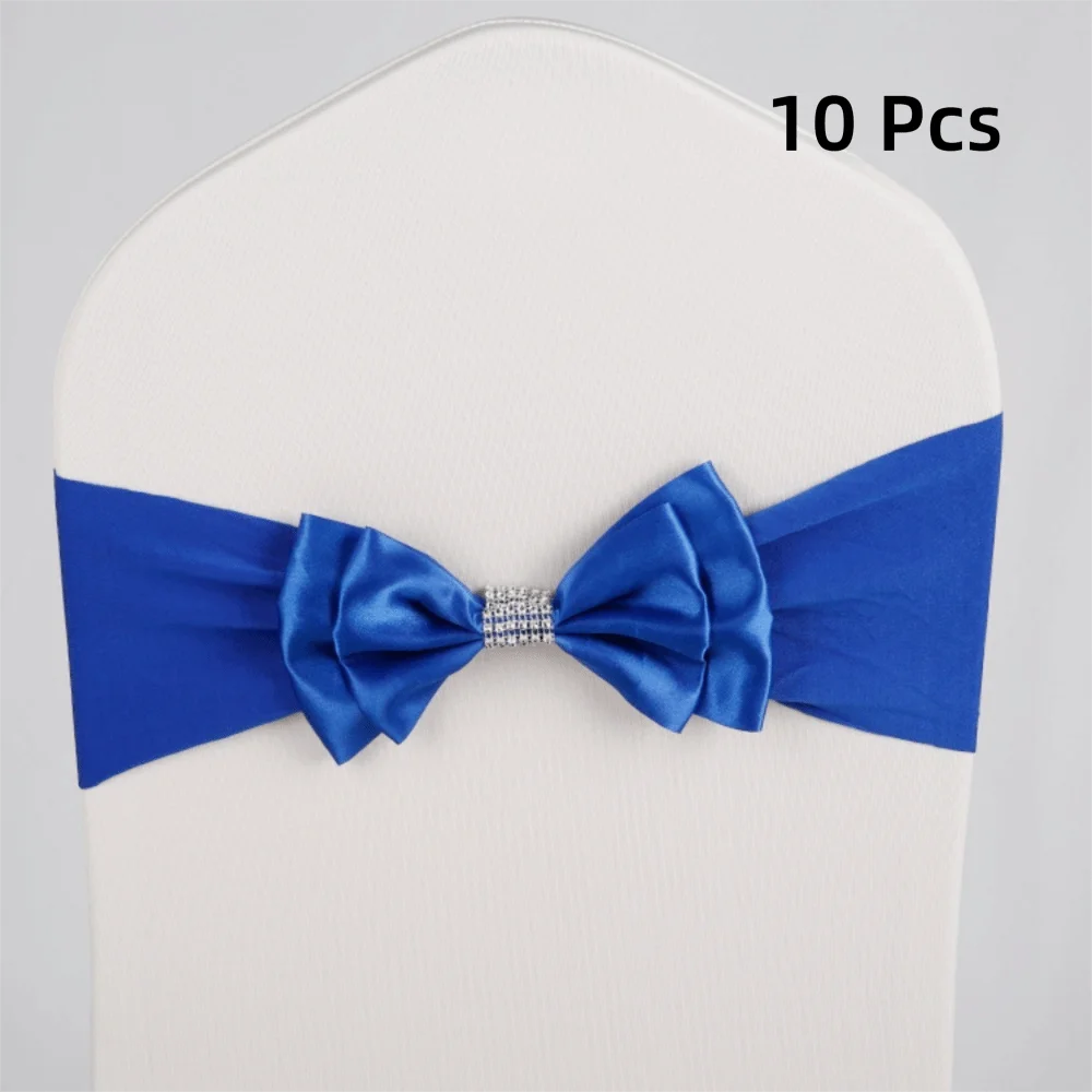 10pcs Satin Bow Chair Sashes – Elastic Spandex, No-Tie Chair Sash Bows PLUSH Royal Blue