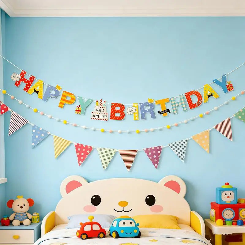 Happy Birthday Banner Set with String Lights & Hanging Flags Party Decoration Set PLUSH