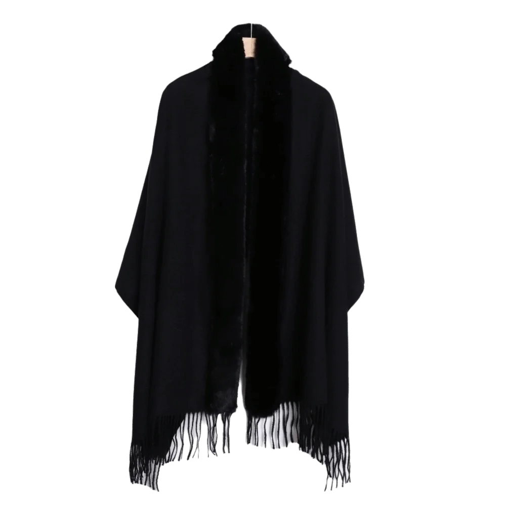 Women's Oversized Faux Fur Collar Shawl Wrap Cape Poncho Faux Fur Shawl Wrap PLUSH Black