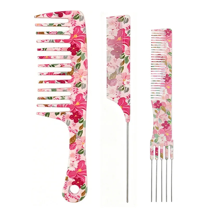 3-Piece Floral Hair Comb Set – Wide Tooth, Highlight & Tail Hair Comb Set PLUSH