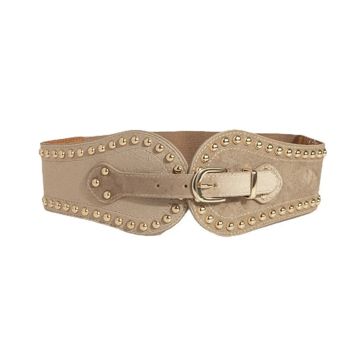 Women's Faux Leather Rivet Wide Elastic Waist Belt | Western Wide Waist Belt PLUSH apricot 81cm