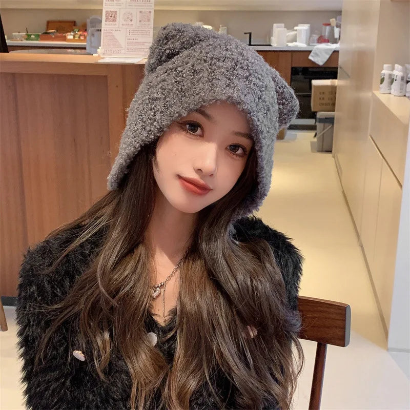 Women's Bear Ear Fleece Lined Knit Beanie – Korean Winter Hat Winter Knit Beanie PLUSH