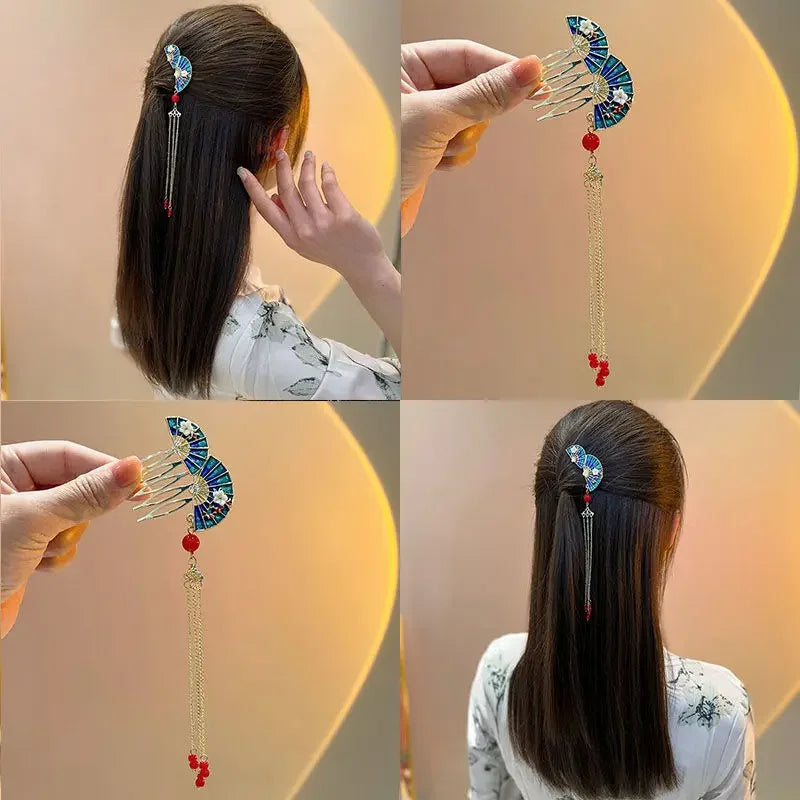 Vintage Fan Tassel Insert Comb Clip – Elegant Hair Pin Tassel Hair Clip PLUSH