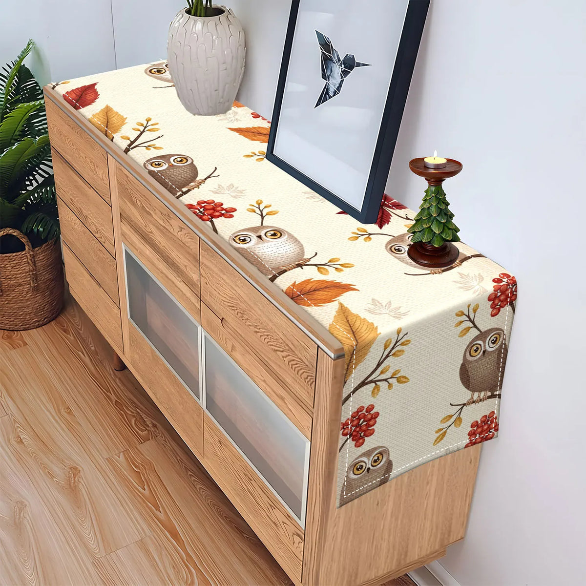 Autumn Owl Table Runner – Leaves & Berries | 3 Sizes Table Runner PLUSH