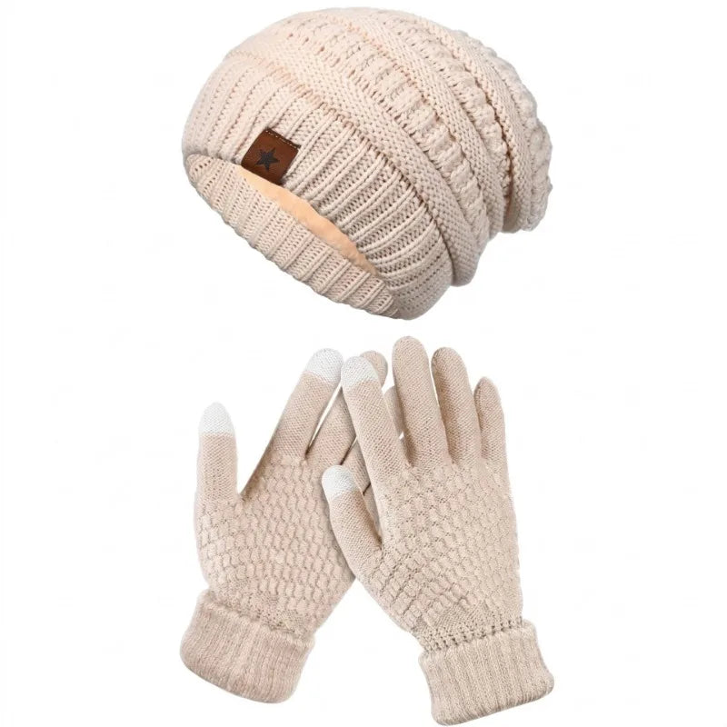 Women's Fleece Lined Knit Beanie Hat & Mittens Set Winter Accessory Set PLUSH