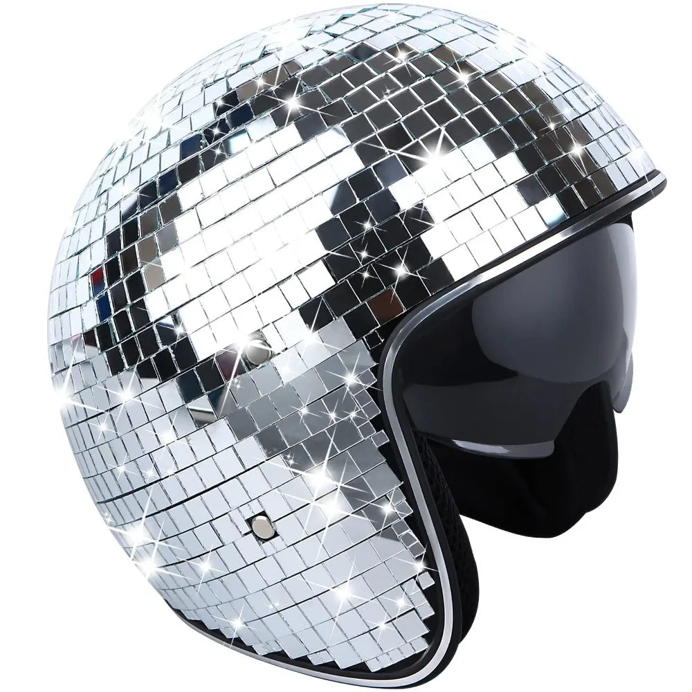Disco Mirror Helmet – Reflective Glitter with Flip Visor Disco Party Helmet PLUSH Silver