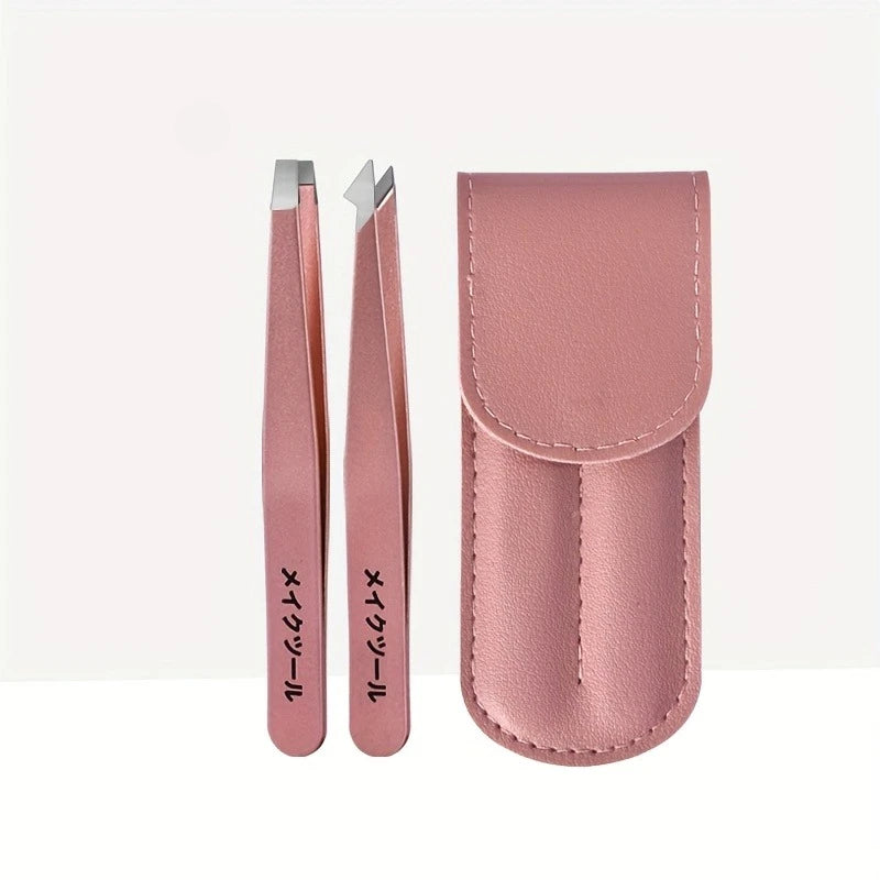 2pcs Stainless Steel Precision Eyebrow Tweezers – Flat & Hook Tip Eyebrow Tweezers PLUSH Rose Gold 2pc