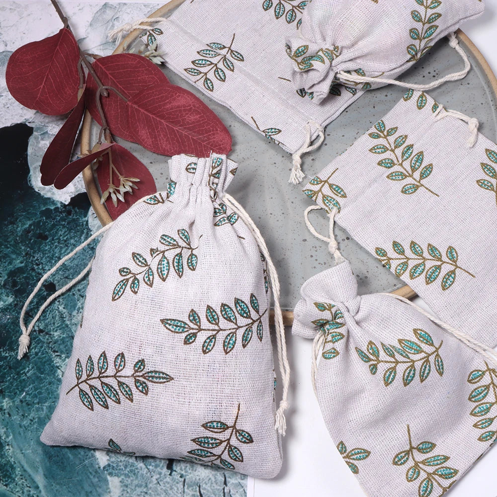 Green Leaf Cotton Linen Drawstring Pouches 5pcs – Gift Bags Drawstring Pouch Bags PLUSH