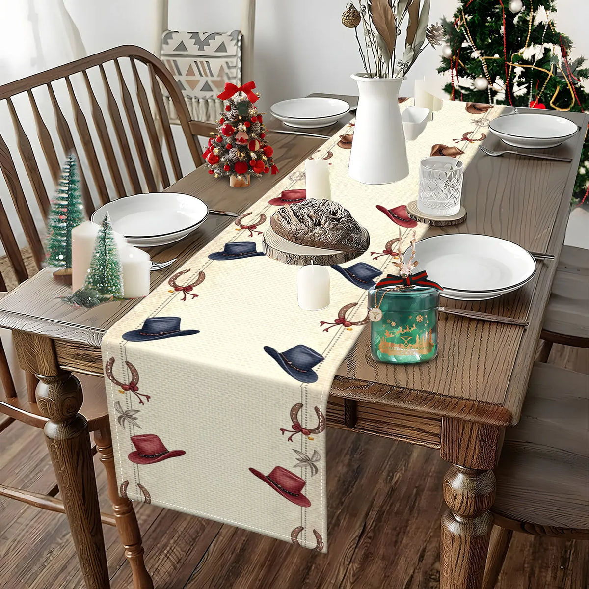 Western Cowboy Table Runner – Hats & Horseshoe Print Décor Table Runner PLUSH