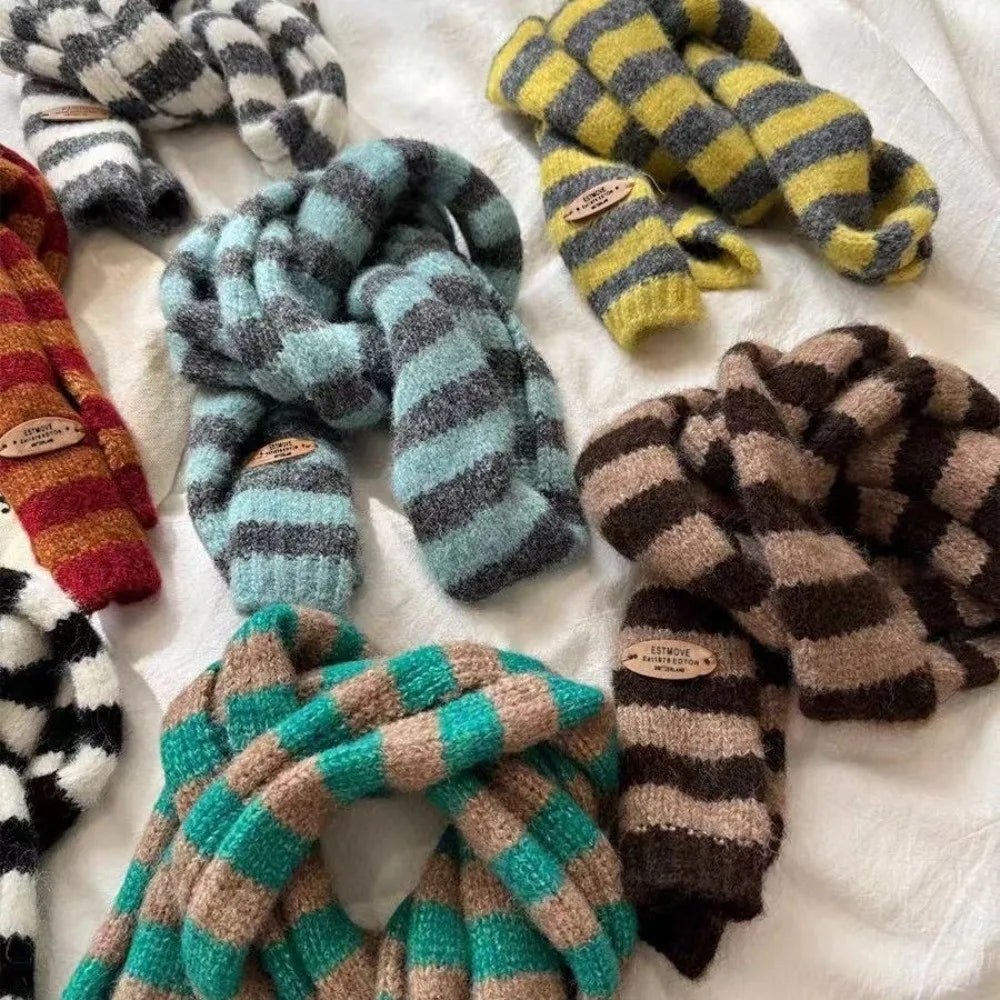 Y2K Harajuku Striped Knit Scarf – Korean Neckerchief Shawl Knit Neckerchief Scarf PLUSH