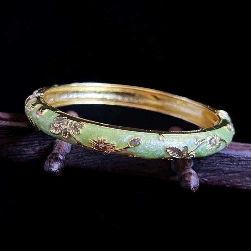 Chinese Cloisonné Enamel Peony Bangle – Vintage Filigree Bracelet Enamel Bangle Bracelet PLUSH light green