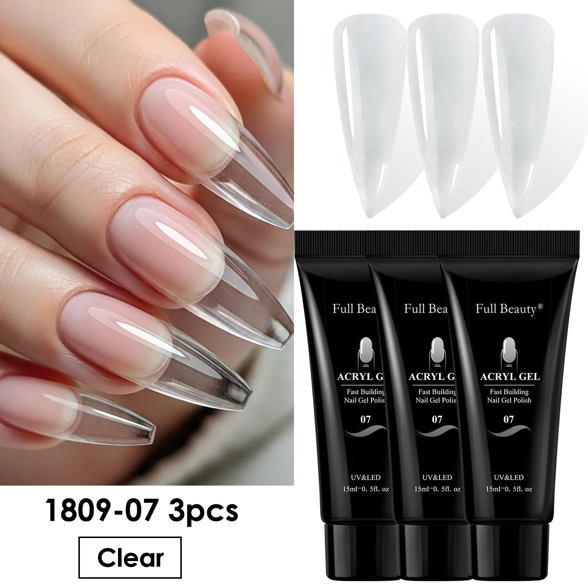 3-Pc Clear Poly Nail Extension Builder Gel Kit – 15ml Nail Extension Gel PLUSH 1809-07 3pcs