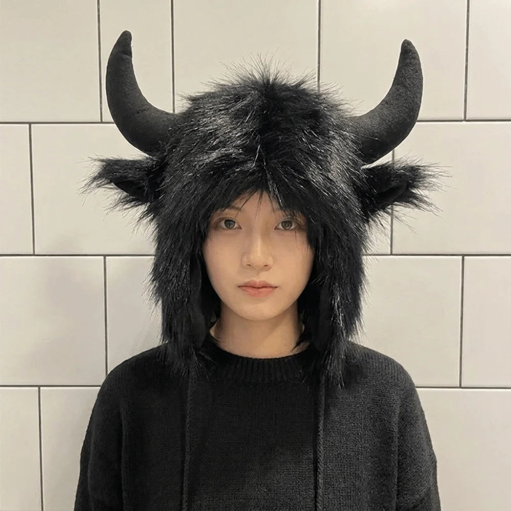 Vintage Ox Horn Lei Feng Cap – Fluffy Fur Trim Thermal Hat Winter Ear Flap Hat PLUSH