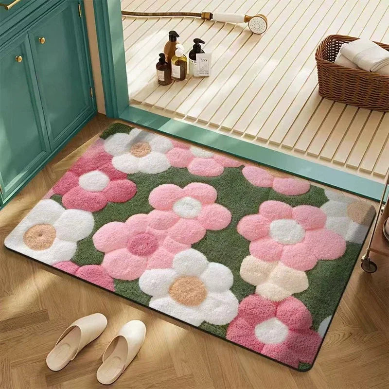 Daisy Bath Mat Non-Slip Machine Washable Rug | Spring Decor Bath Mat Rug PLUSH Pink 400MMx600MM