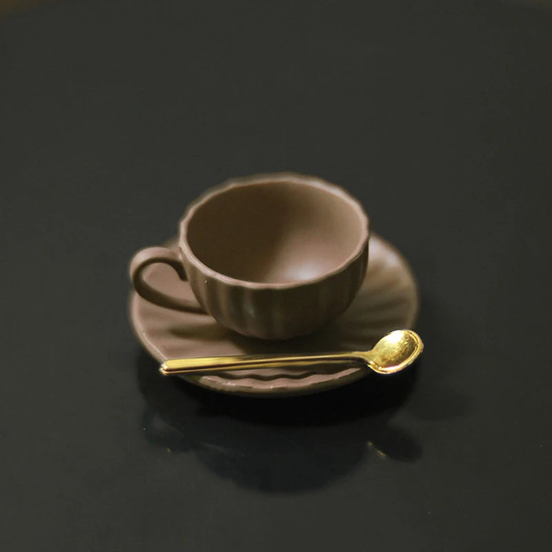 1:12 Dollhouse Mini Coffee Cup Saucer & Spoon Set – 3pcs Dollhouse Miniature Set PLUSH Brown