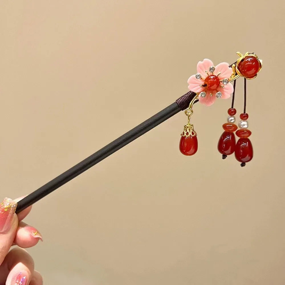 Wooden Chinese Hair Stick Vintage Flower Tassel Hairpin Fork Hair Stick Hairpin PLUSH Style 2