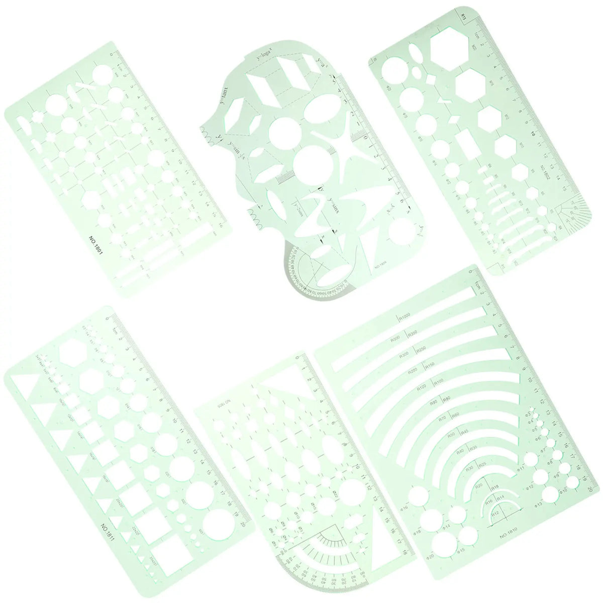 6pc Geometric Drafting Stencil Set – Plastic Metric Rulers Drafting Stencil Set PLUSH
