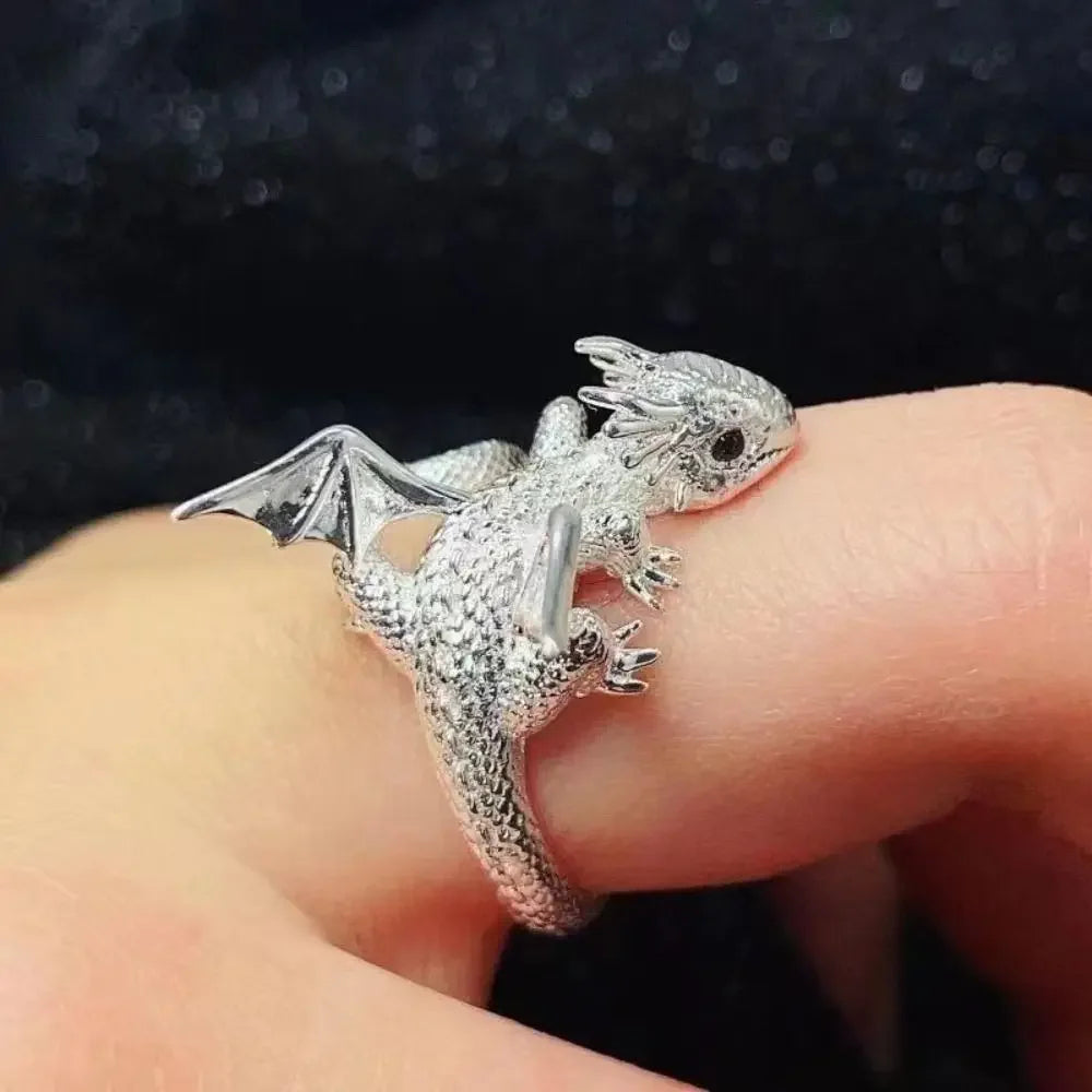 Vintage Dragon Adjustable Silver Ring – Retro Animal Jewelry Fashion Ring PLUSH Silver
