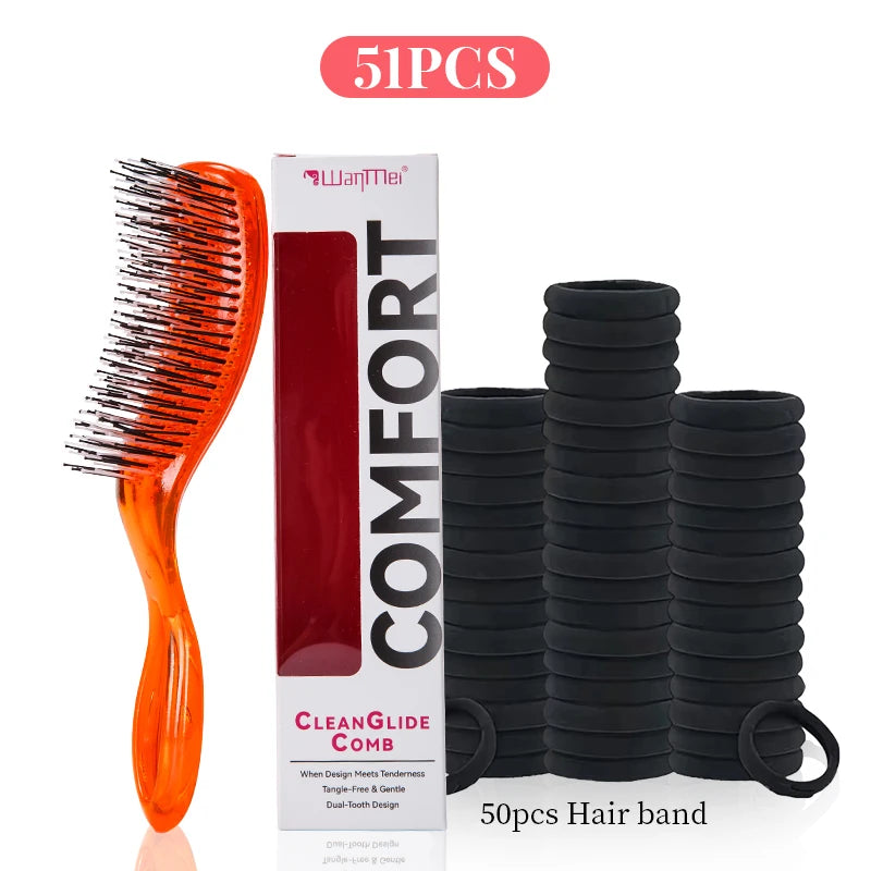 Japanese Anti-Static Hair Brush & Massage Comb Set w/ Hair Ties Hair Brush Set PLUSH Orange 51pcs