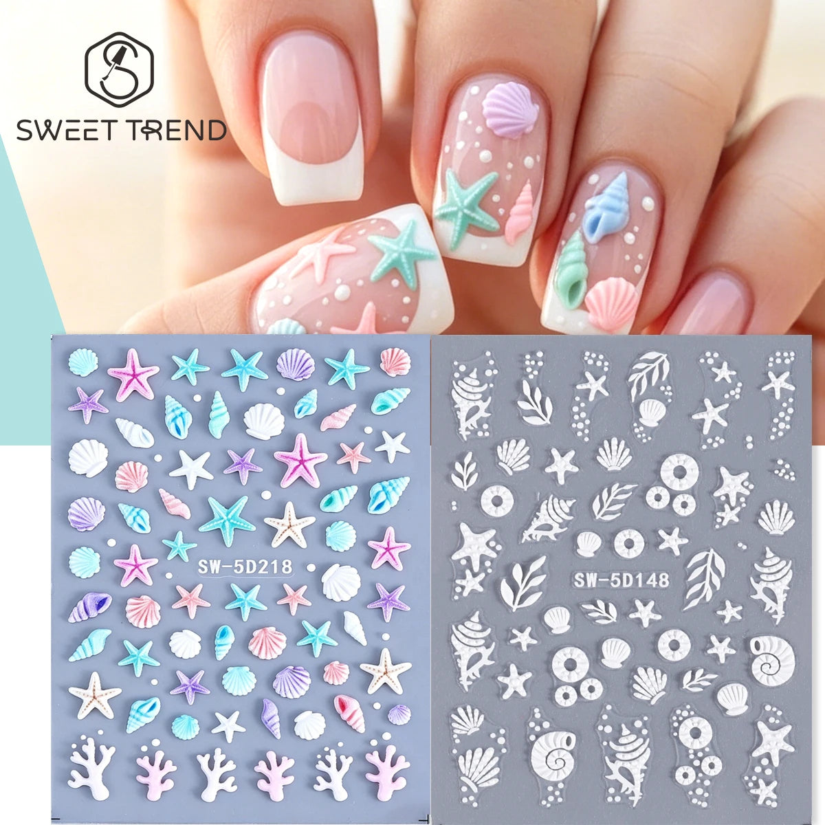 5D Ocean Embossed Nail Stickers – Starfish & Seashell Decals 2pk Nail Art Stickers PLUSH