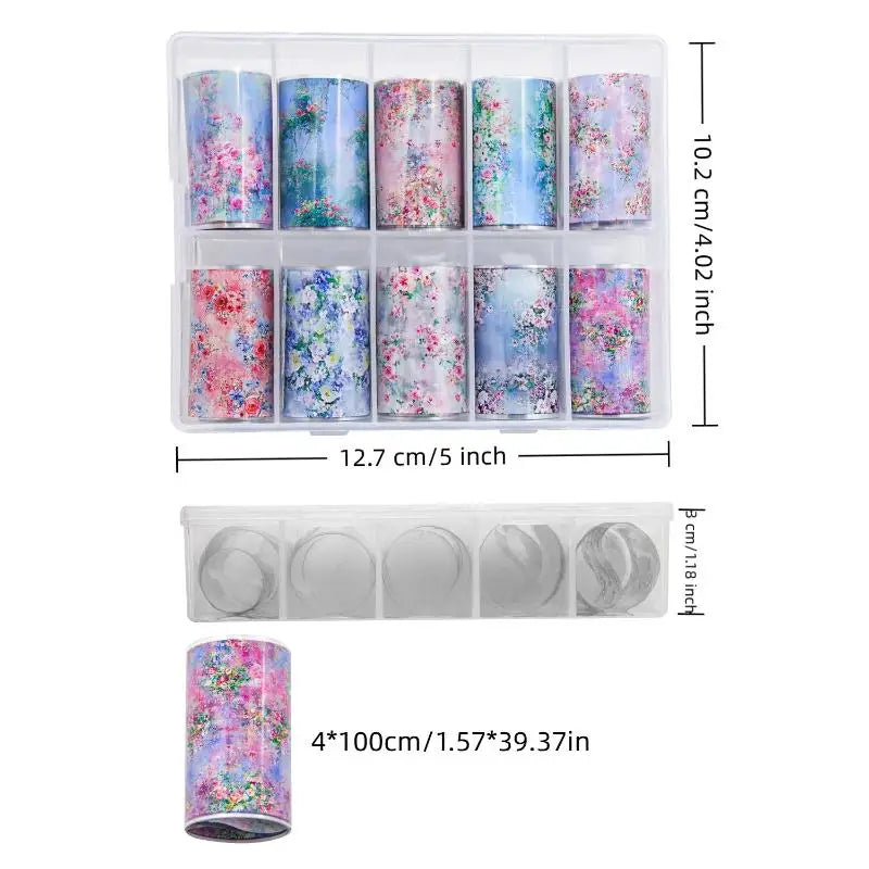 Floral Nail Art Transfer Foils Set – 10 Rolls Rose & Leaf Nail Art Foils PLUSH style 1