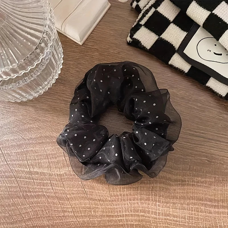 Polka Dot Ruffled Stiff Yarn Headband – Soft Elastic Hairband Fashion Headband PLUSH Wave Point Black 1PC XXS