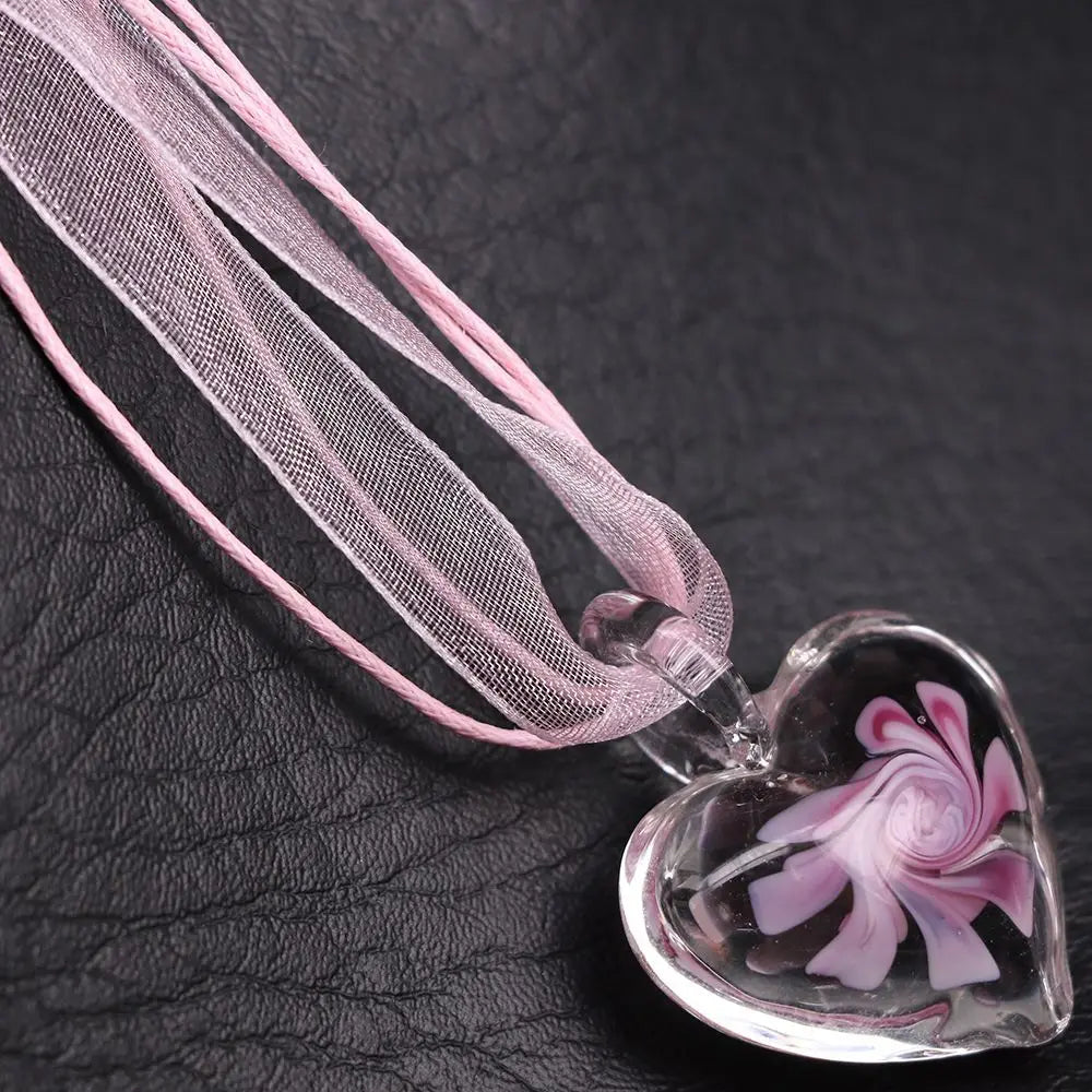 Women's Glass Heart Pendant Necklace – Spiral Flower Crystal Pendant Necklace PLUSH
