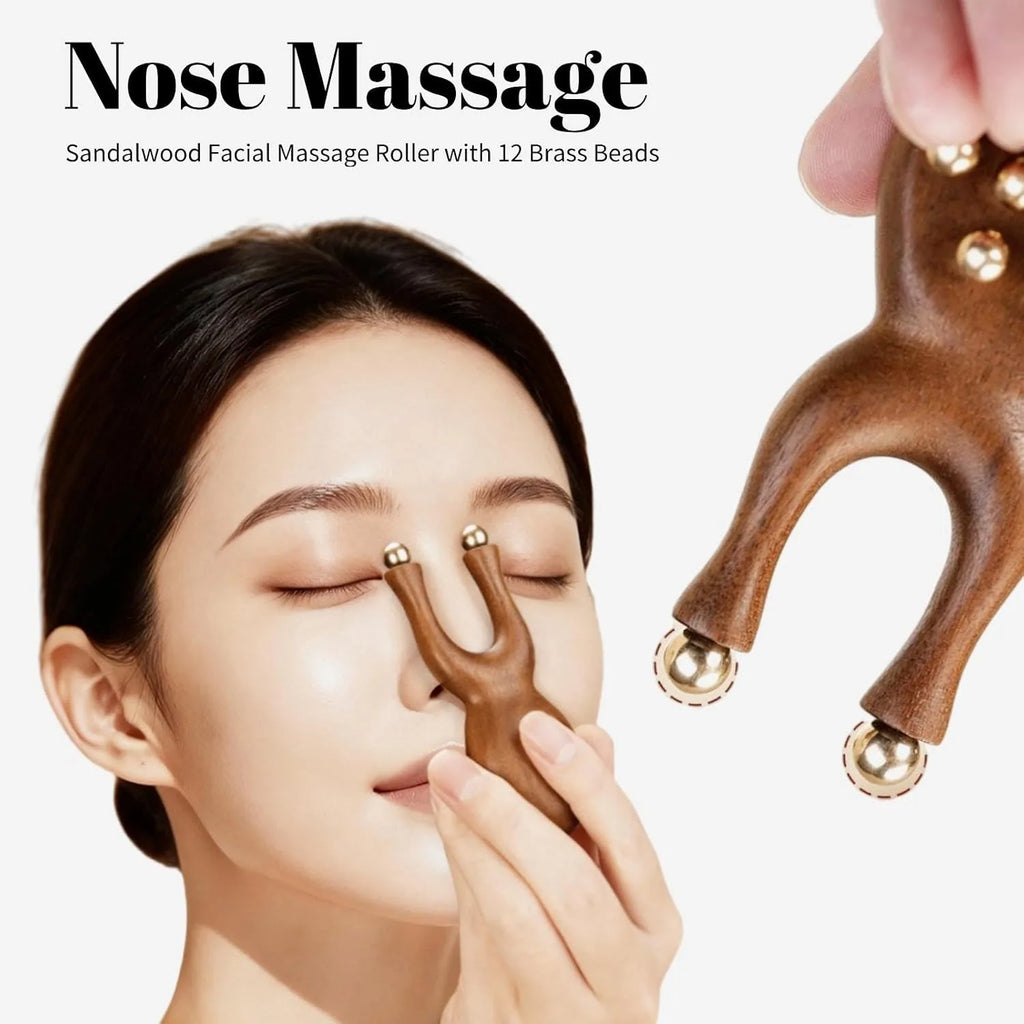 Sandalwood Y-Shaped Facial Roller – 12 Brass Beads Guasha Tool Facial Massage Roller PLUSH