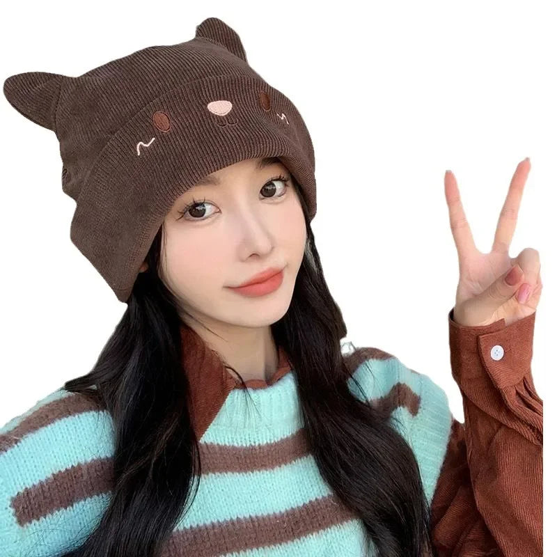 Kawaii Cat Ear Knit Beret – Oversized Stretchy Beanie for Women Knit Beret Hat PLUSH