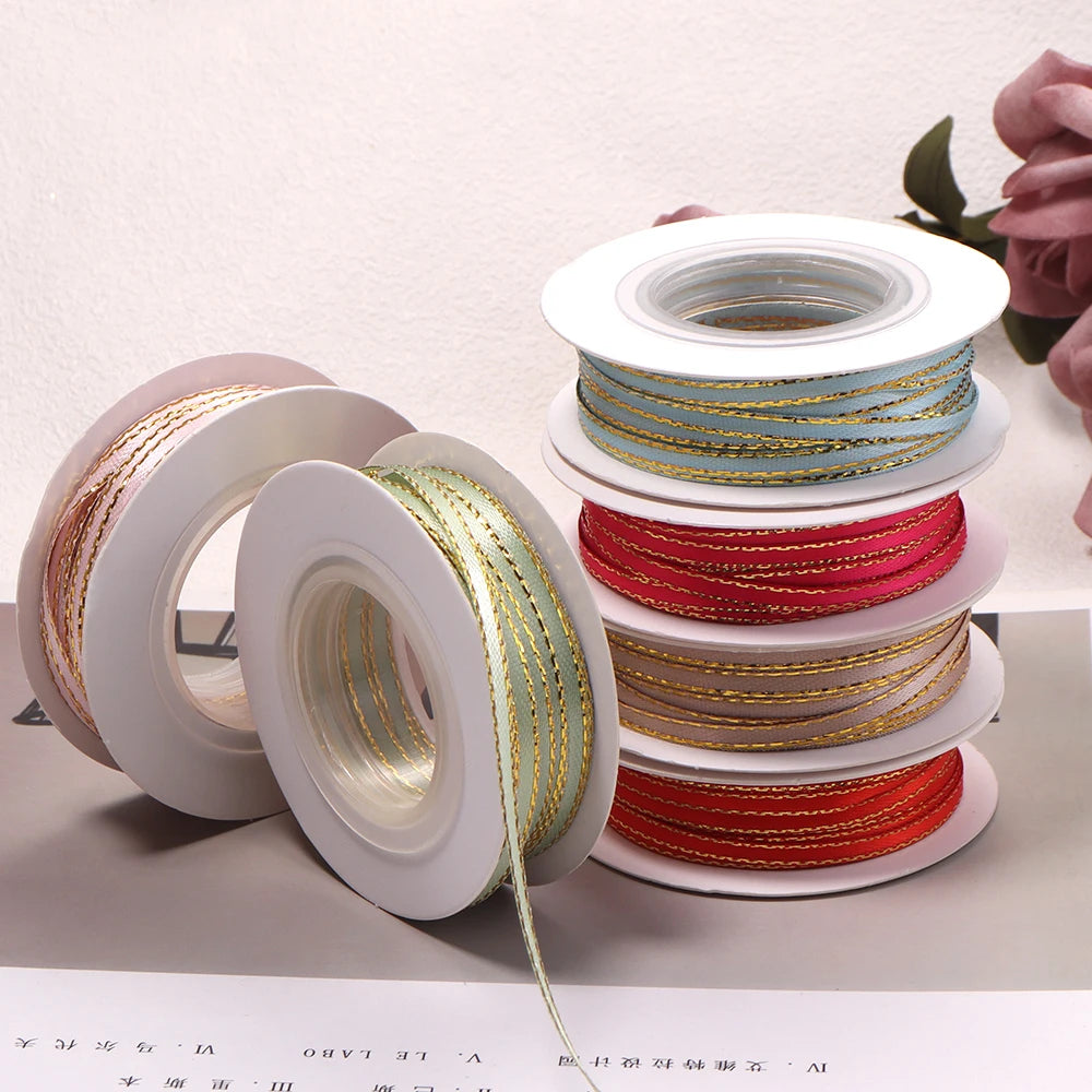 18m Gold Edge Double Face Satin Ribbon 3mm | Gift & Cake Decor Satin Craft Ribbon PLUSH