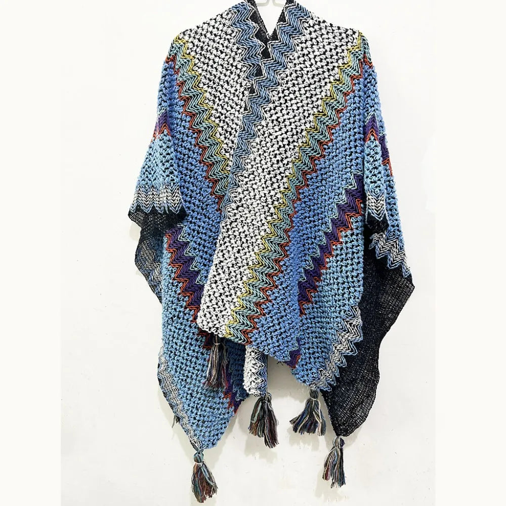 Women's Bohemian Knit Tassel Poncho Shawl – Ethnic Cape Wrap Knit Poncho Cape PLUSH Style 10