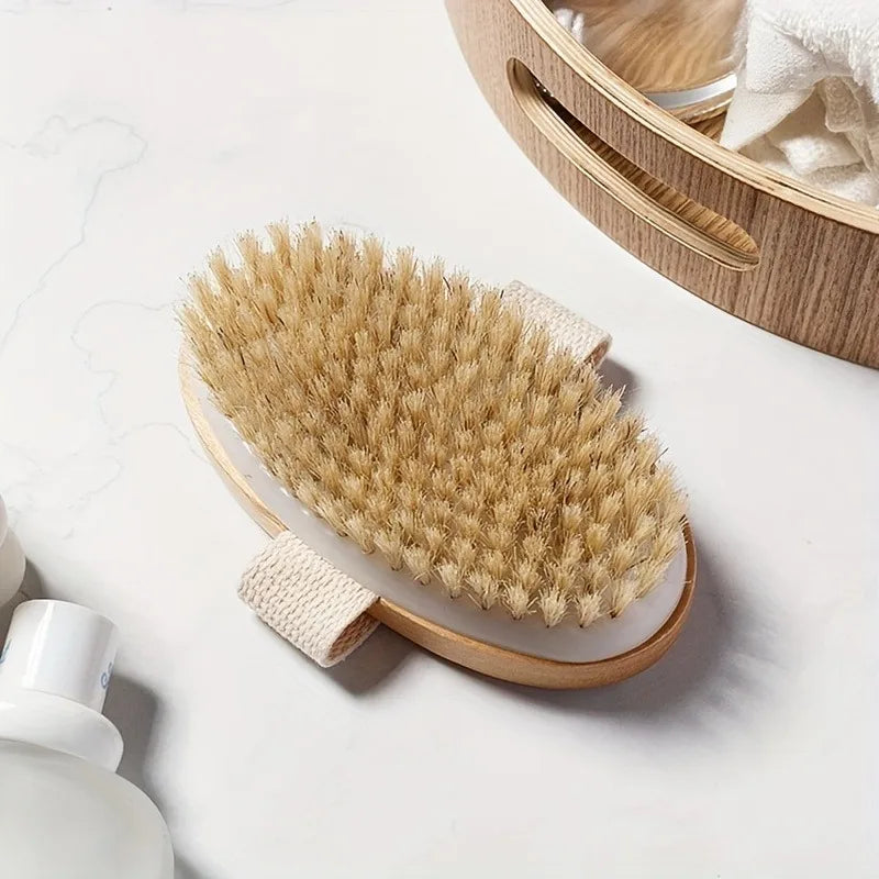 Dry Body Brush Natural Bristle – Wet & Dry Spa Exfoliator Body Exfoliating Brush PLUSH