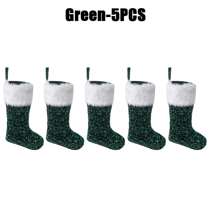 Large Flip Sequin Christmas Stockings – Fireplace Holiday Decor Christmas Stocking PLUSH 27x42cm Green-5PCS