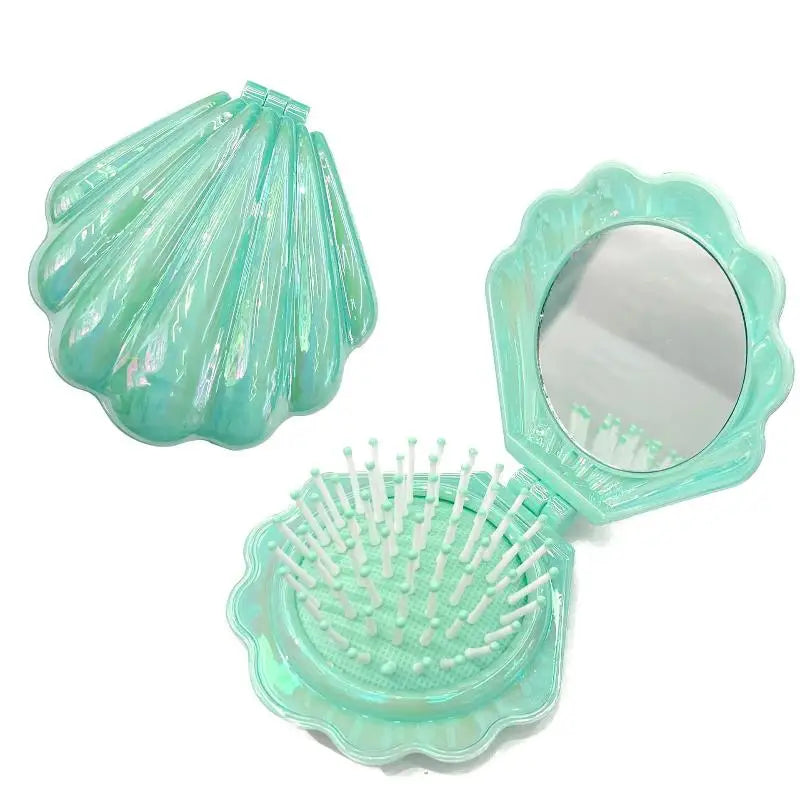 Shell Folding Airbag Hair Brush with Mirror – Anti-Static Comb Folding Hair Brush PLUSH Green