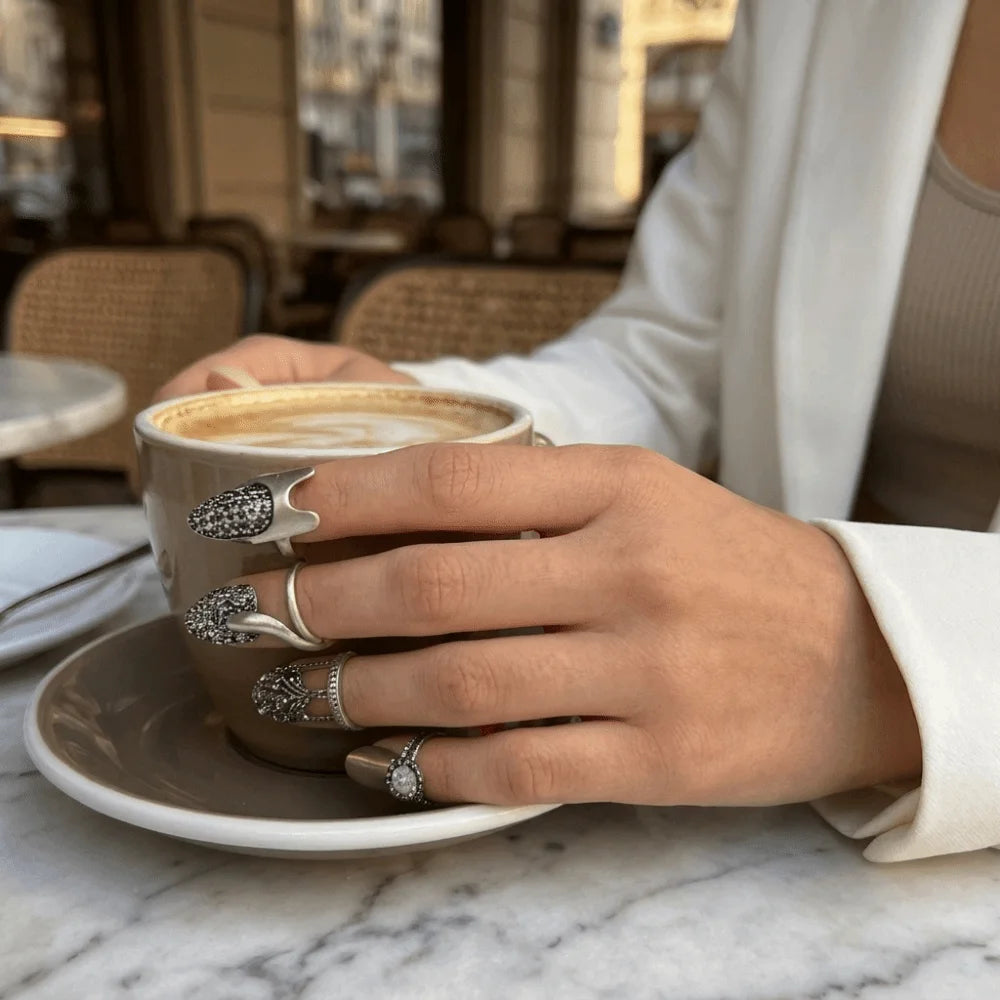 Gothic Nail Cover Ring Set – 4pcs Adjustable Silver Tone Nail Cover Rings PLUSH
