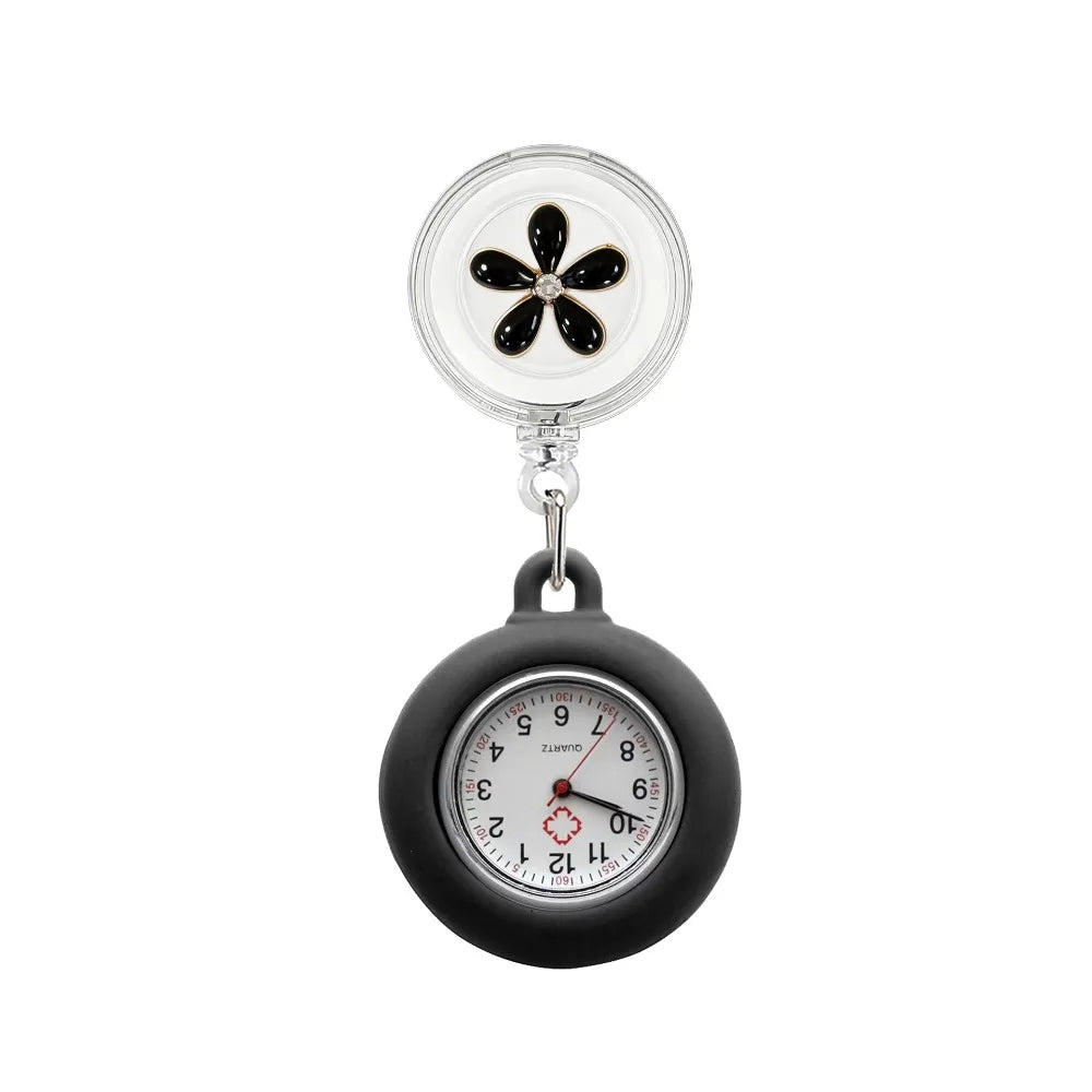 Retractable Nurse Fob Watch – Floral Badge Reel Pocket Watch Nurse Fob Watch PLUSH Black small flower