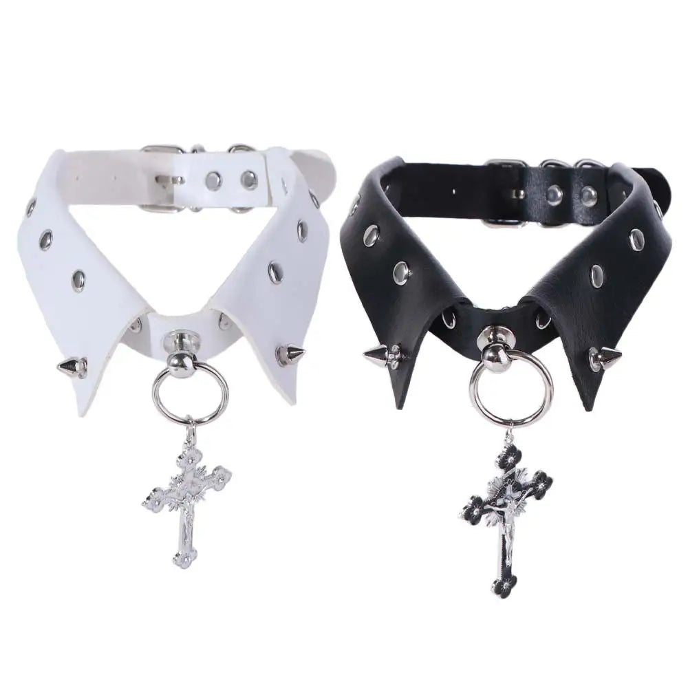 PU Leather Gothic Punk Studded Choker – Cross Pendant Necklace Gothic Choker Necklace PLUSH