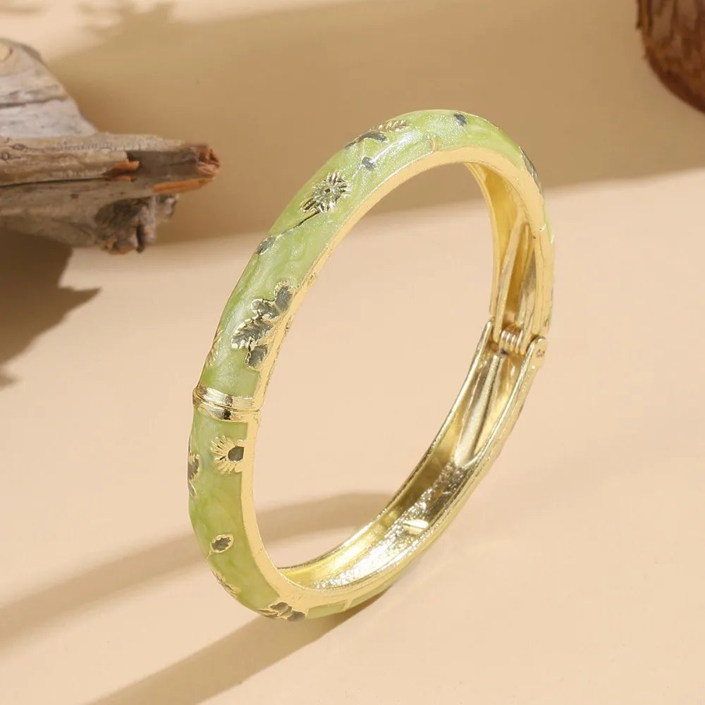 Flower Enamel Cloisonné Bangle – Vintage Filigree Bracelet Enamel Bangle PLUSH Green