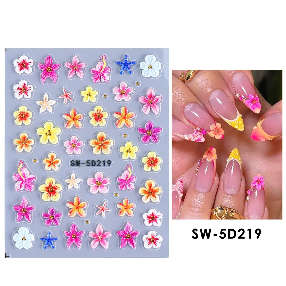 5D Embossed Nail Stickers – Tropical Flowers & Starfish Decals Nail Art Stickers PLUSH SW-5D219