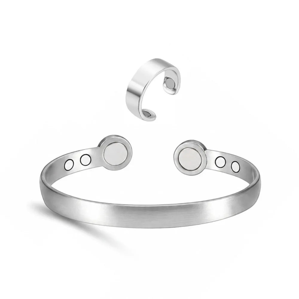 Retro Magnetic Cuff Bracelet & Ring Set – Unisex Alloy Bangle Cuff Bracelet Set PLUSH Silver Bangles Ring