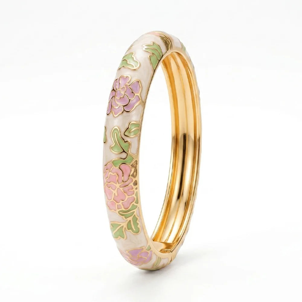 Flower Enamel Wide Bangle Bracelet – Colorful Women's Cuff Enamel Bangle Bracelet PLUSH Beige