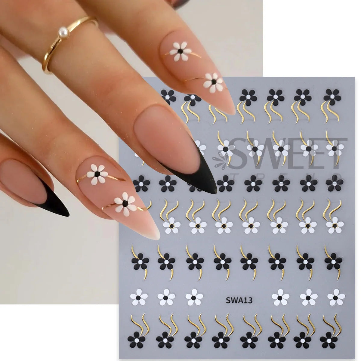 3D Floral Nail Glitter Stickers – Black White Gold Silver Decals Nail Art Stickers PLUSH